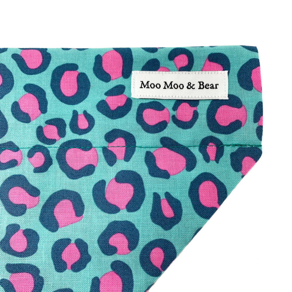 LAST CHANCE 'FIERCE' DOG BANDANA IN TEAL LEOPARD PRINT