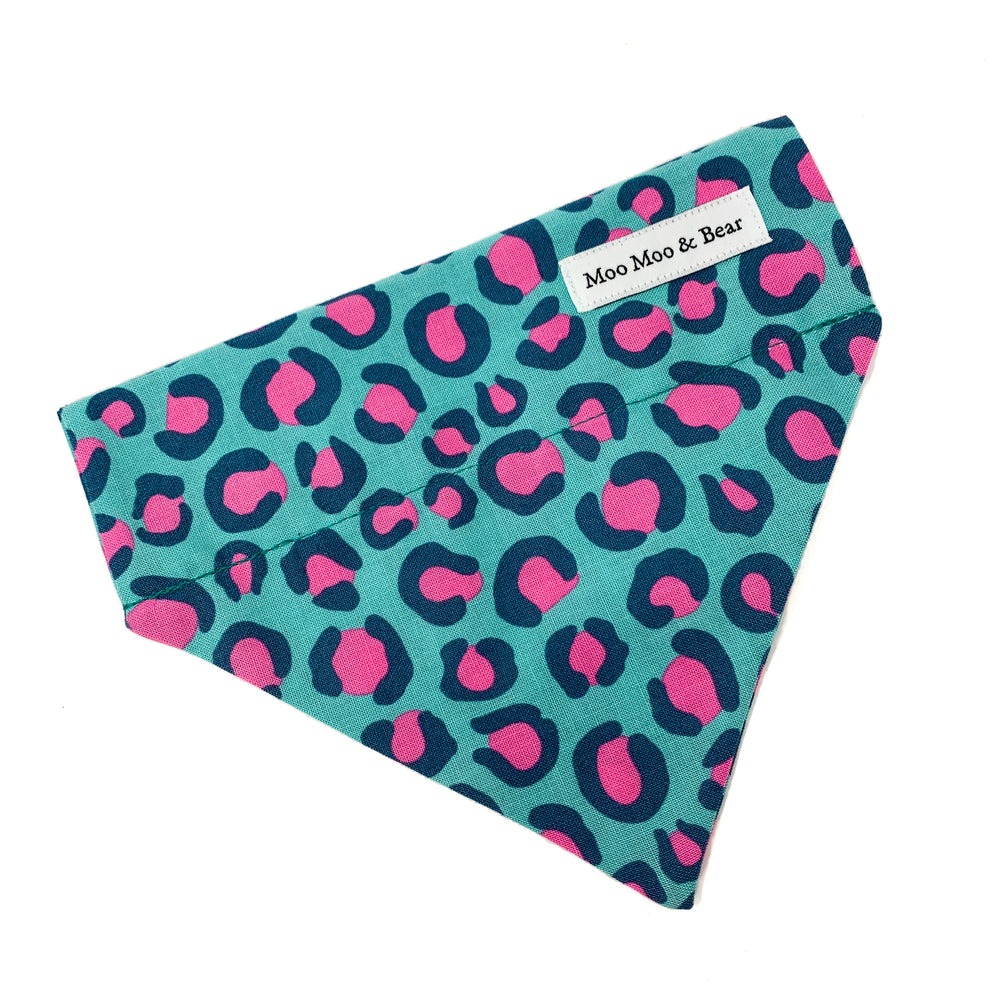 LAST CHANCE 'FIERCE' DOG BANDANA IN TEAL LEOPARD PRINT