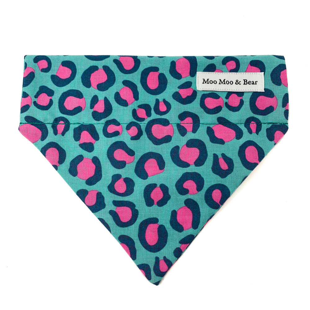 LAST CHANCE 'FIERCE' DOG BANDANA IN TEAL LEOPARD PRINT